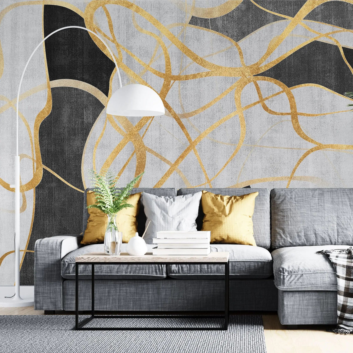 Tapet personalizat fine art cu elemente abstracte dungi aurii pe fundal negru si alb intersections