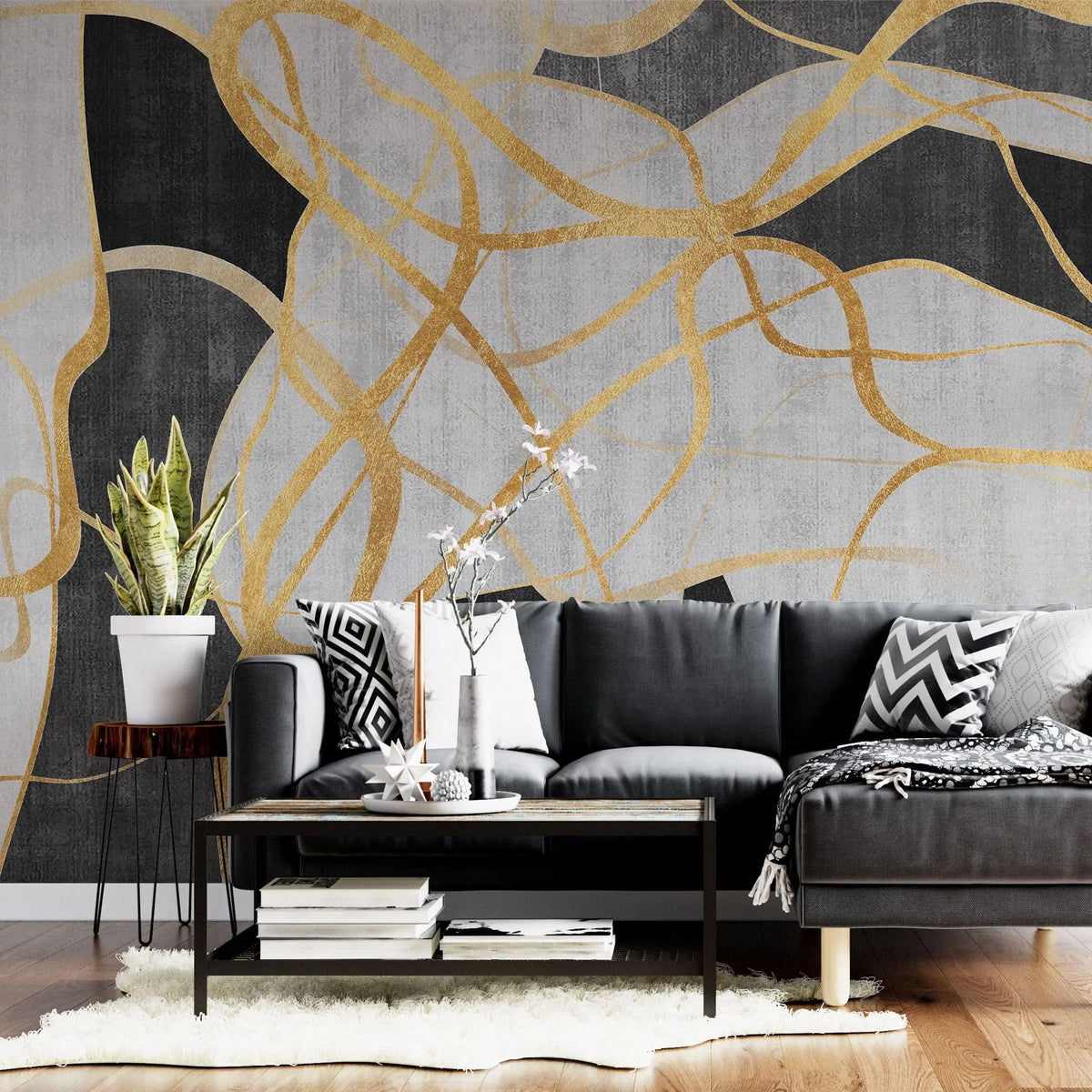 Tapet personalizat fine art cu elemente abstracte dungi aurii pe fundal negru si alb intersections