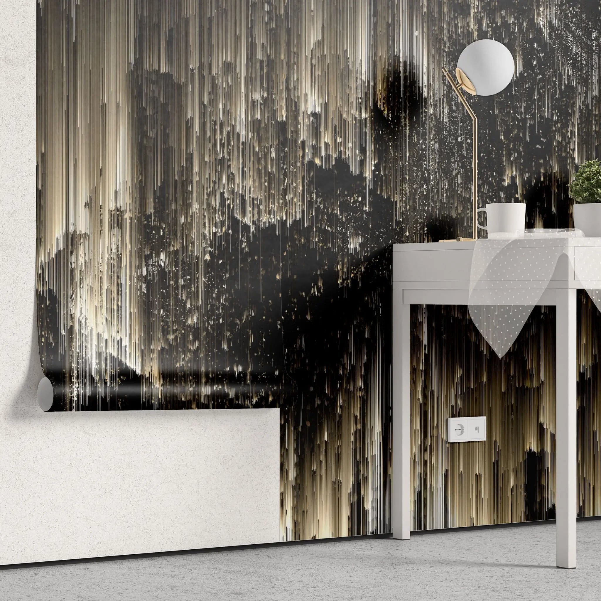 Tapet personalizat fine art in nuante de auriu si negru dark golden northen lights