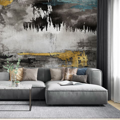 Tapet personalizat fine art cu textura de canvas pictat in nuante de negru si albastru cu detalii aurii painted canvas