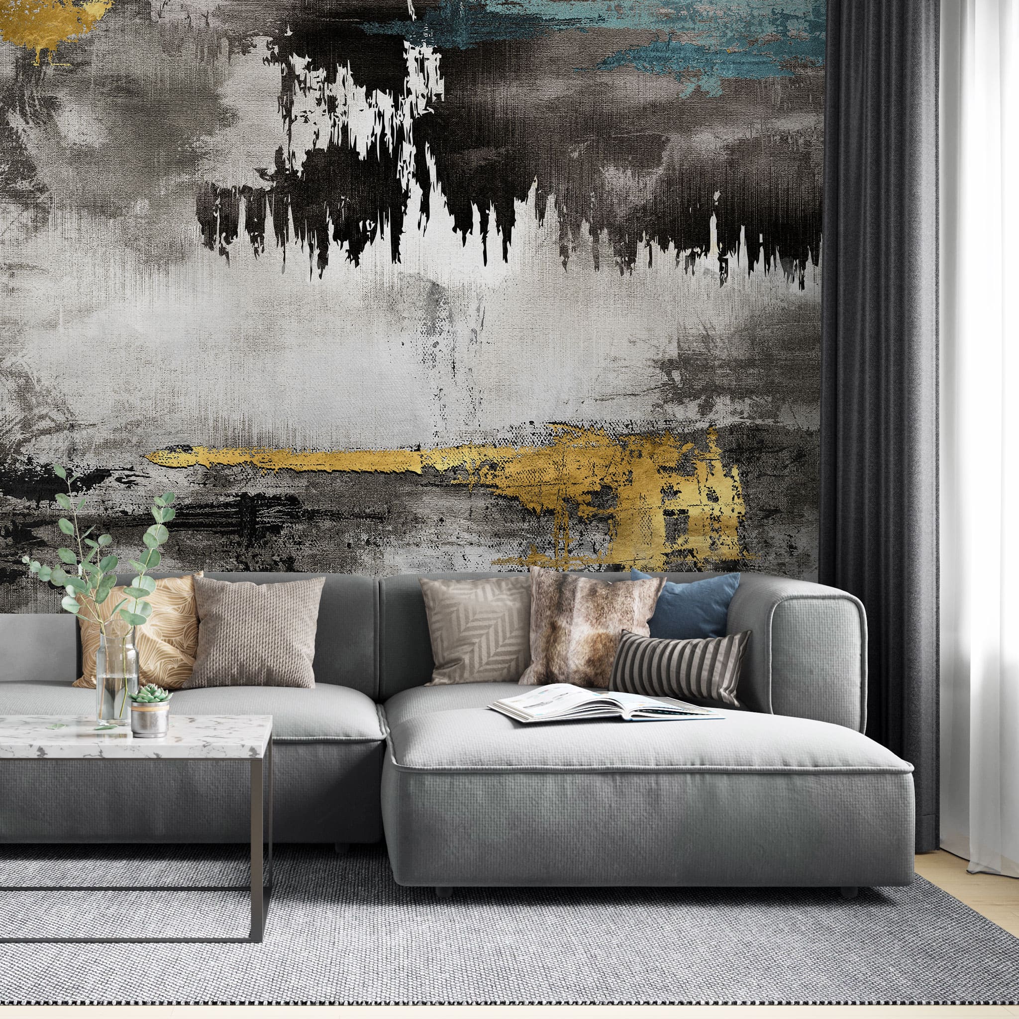 Tapet personalizat fine art cu textura de canvas pictat in nuante de negru si albastru cu detalii aurii painted canvas