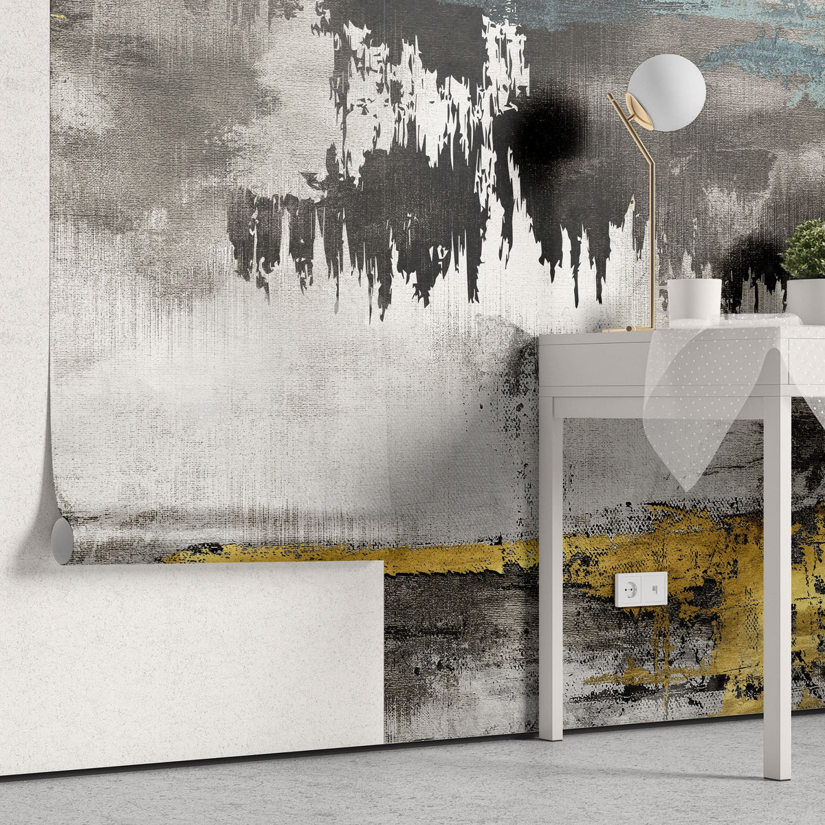 Tapet personalizat fine art cu textura de canvas pictat in nuante de negru si albastru cu detalii aurii painted canvas