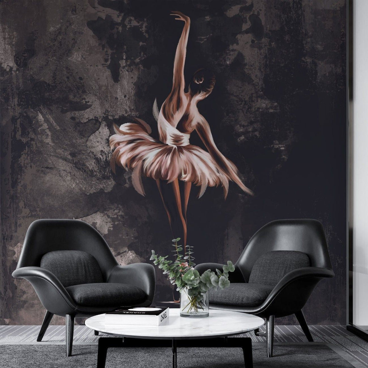 Tapet personalizat fine art cu balerina gratioasa pe un fundal inchis texturat