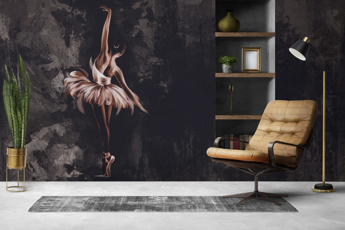Tapet personalizat fine art cu balerina gratioasa pe un fundal inchis texturat