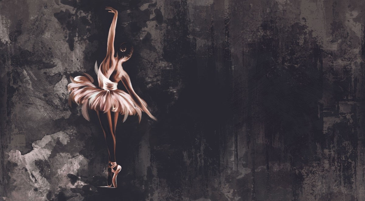 Tapet personalizat fine art cu balerina gratioasa pe un fundal inchis texturat