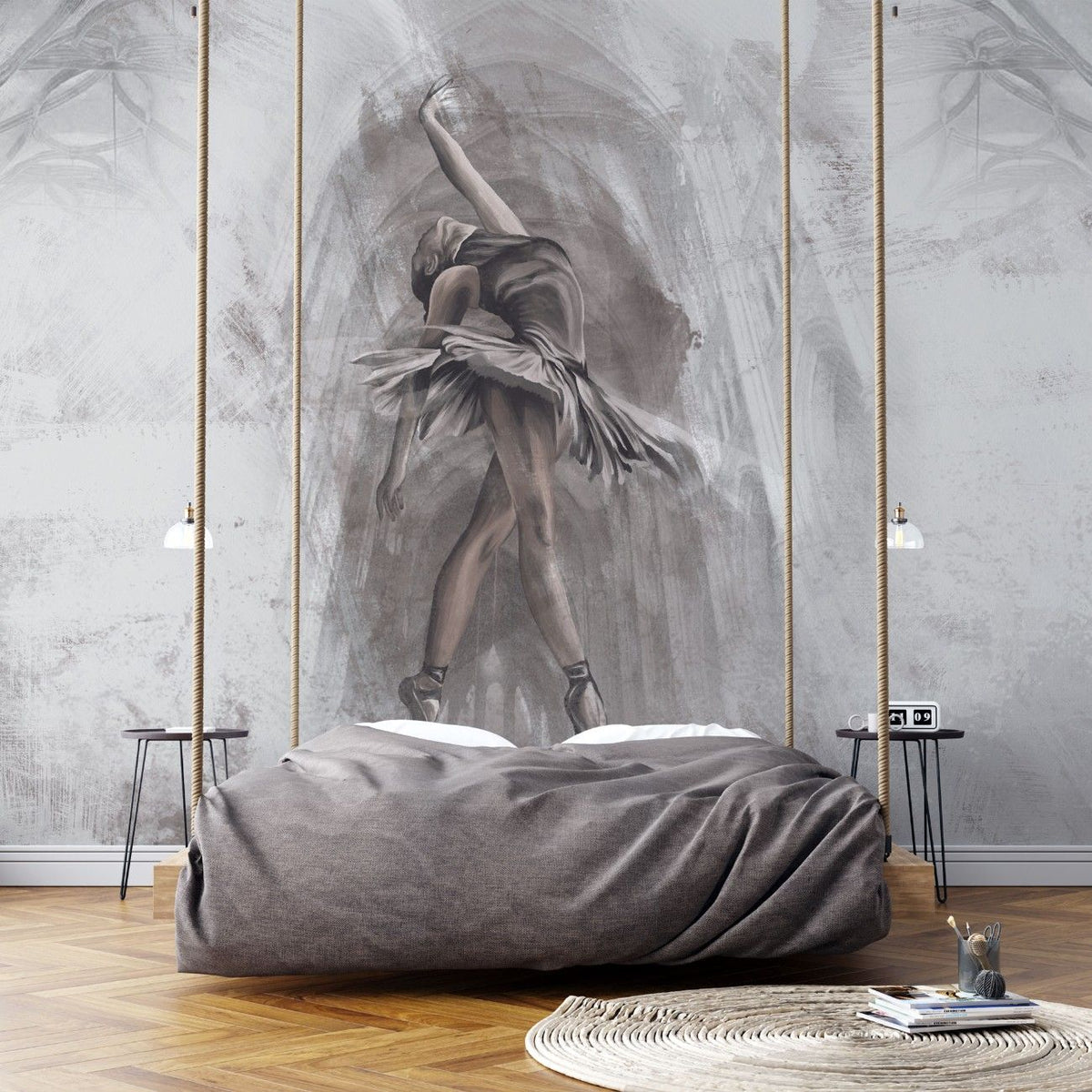 Tapet personalizat fine art cu balerina gratioasa pe un fundal gri deshis cu textura stucco