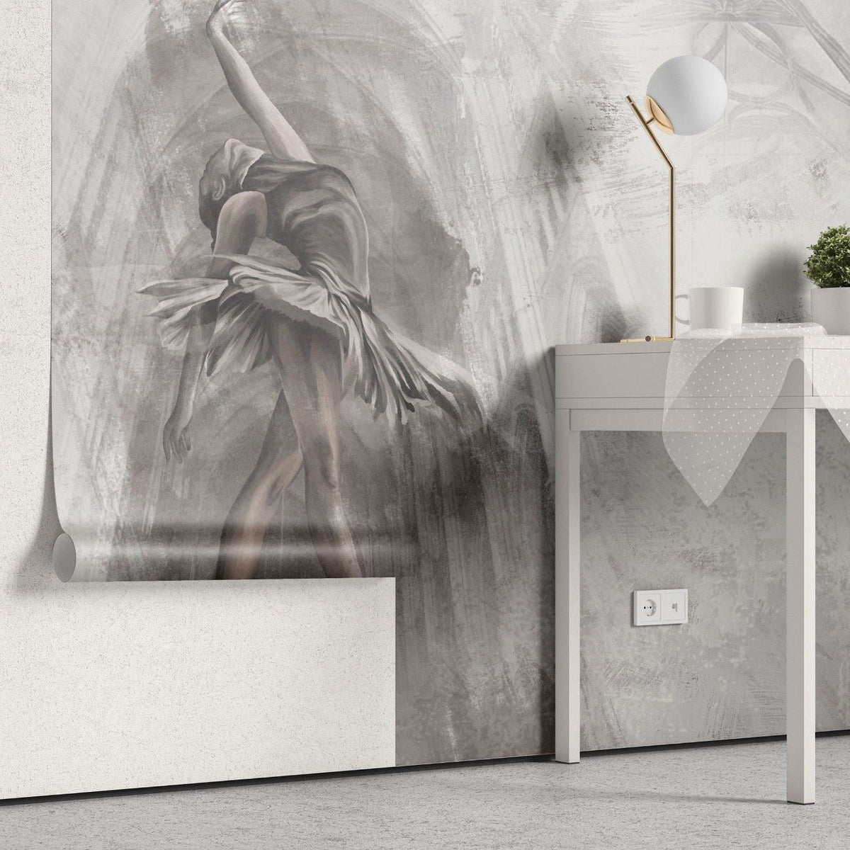 Tapet personalizat fine art cu balerina gratioasa pe un fundal gri deshis cu textura stucco