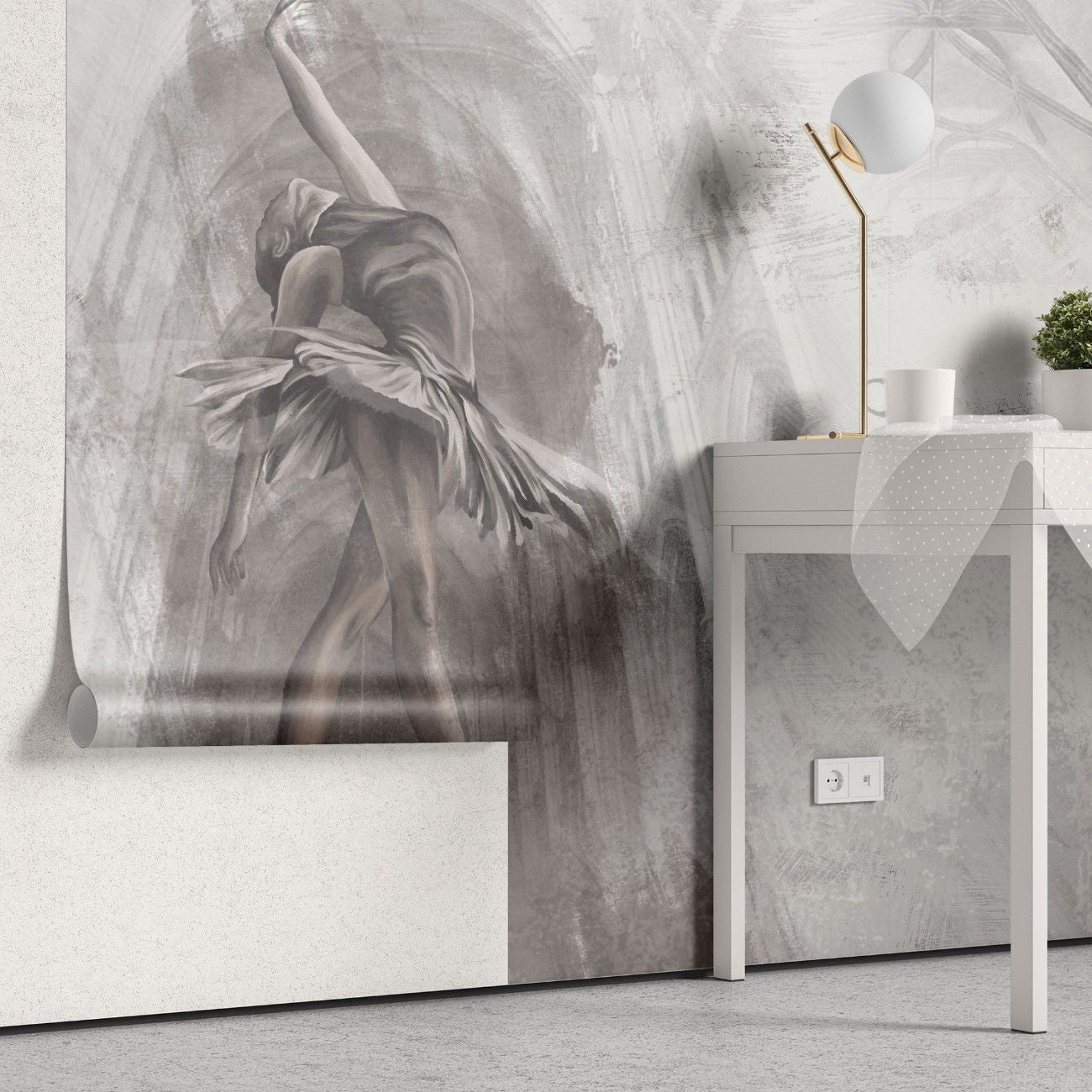 Tapet personalizat fine art cu balerina gratioasa pe un fundal gri deshis cu textura stucco