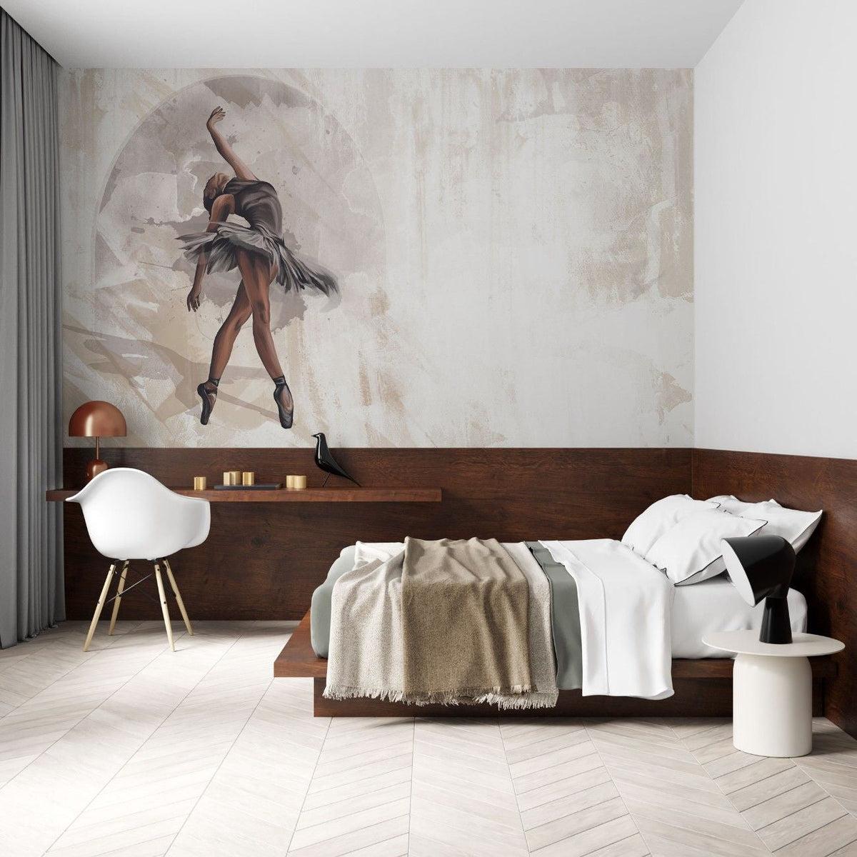 Tapet personalizat fine art cu balerina gratioasa pe un fundal bej luminat si texturat in stil stucco