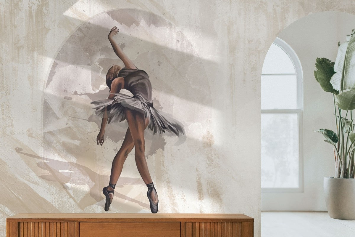 Tapet personalizat fine art cu balerina gratioasa pe un fundal bej luminat si texturat in stil stucco