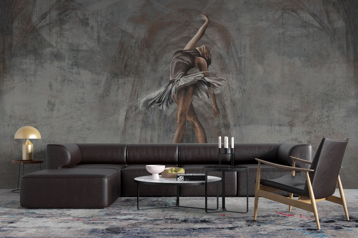 Tapet personalizat fine art cu balerina gratioasa pe un fundal gri inchis si accente aramii combinate cu textura in stil stucco