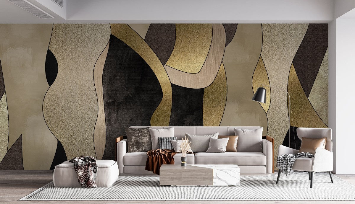Tapet personalizat fine art cu forme geometrice verticale de diferite texturi aurii negre si bej sidefate combinate intr un stil elegant si rafinat