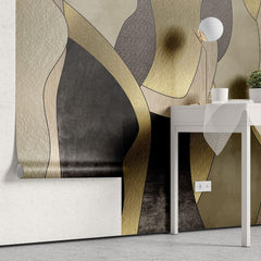 Tapet personalizat fine art cu forme geometrice verticale de diferite texturi aurii negre si bej sidefate combinate intr un stil elegant si rafinat