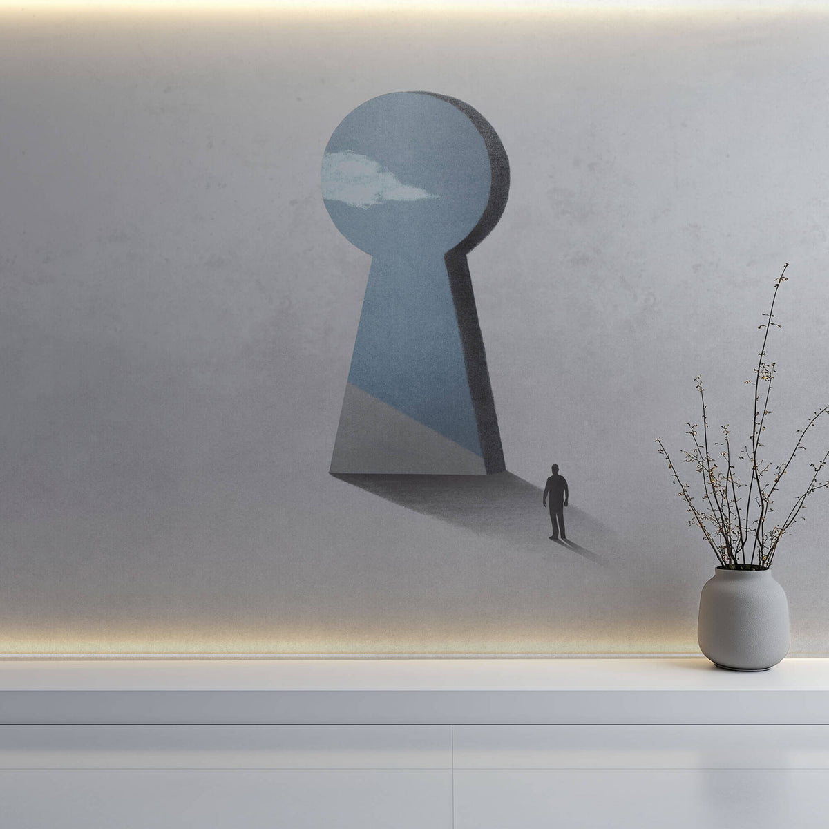 Tapet Personalizat Fine Art cu inspiratie minimalist abstracta cu om pasind catre cer prin gaura cheii - SKY KEYHOLE