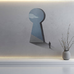 Tapet Personalizat Fine Art cu inspiratie minimalist abstracta cu om pasind catre cer prin gaura cheii - SKY KEYHOLE