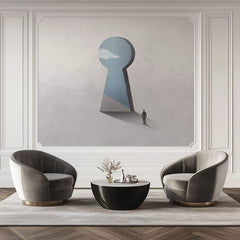 Tapet Personalizat Fine Art cu inspiratie minimalist abstracta cu om pasind catre cer prin gaura cheii - SKY KEYHOLE