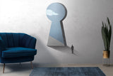 Tapet Personalizat Fine Art cu inspiratie minimalist abstracta cu om pasind catre cer prin gaura cheii - SKY KEYHOLE