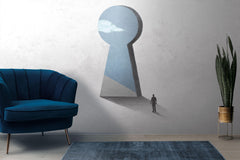 Tapet Personalizat Fine Art cu inspiratie minimalist abstracta cu om pasind catre cer prin gaura cheii - SKY KEYHOLE