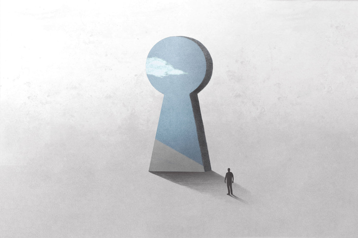 Tapet Personalizat Fine Art cu inspiratie minimalist abstracta cu om pasind catre cer prin gaura cheii - SKY KEYHOLE