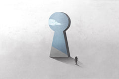Tapet Personalizat Fine Art cu inspiratie minimalist abstracta cu om pasind catre cer prin gaura cheii - SKY KEYHOLE