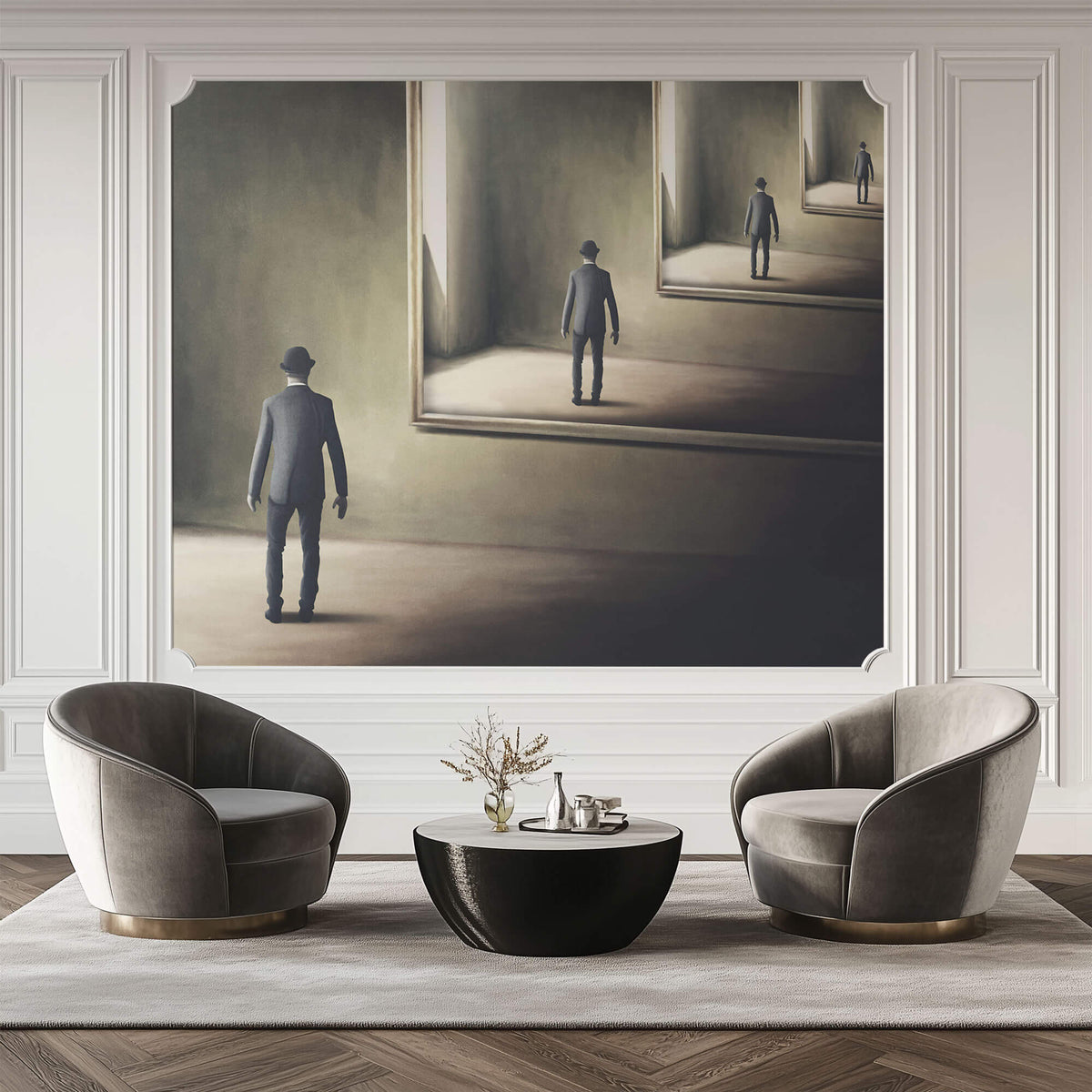 Tapet Personalizat Fine Art cu reflexia unui om in oglinda in mod repetat - MAN IN THE MIRROR