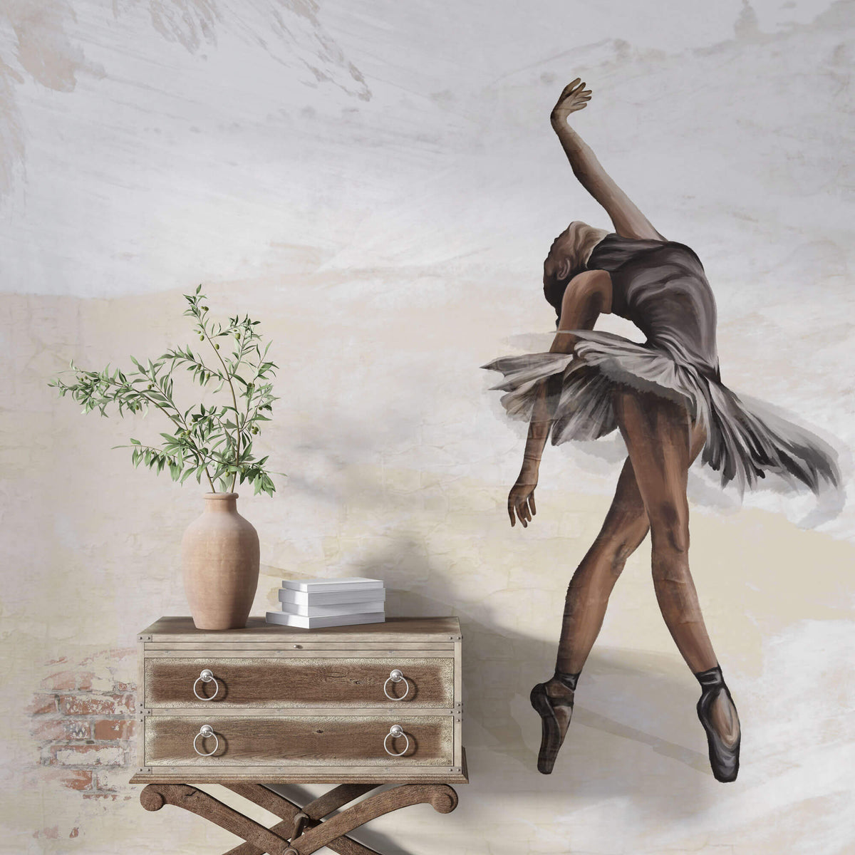 Tapet Personalizat Fine Art cu balerina pe un fundal bej cu caramida rosie - CREAM BALLERINA