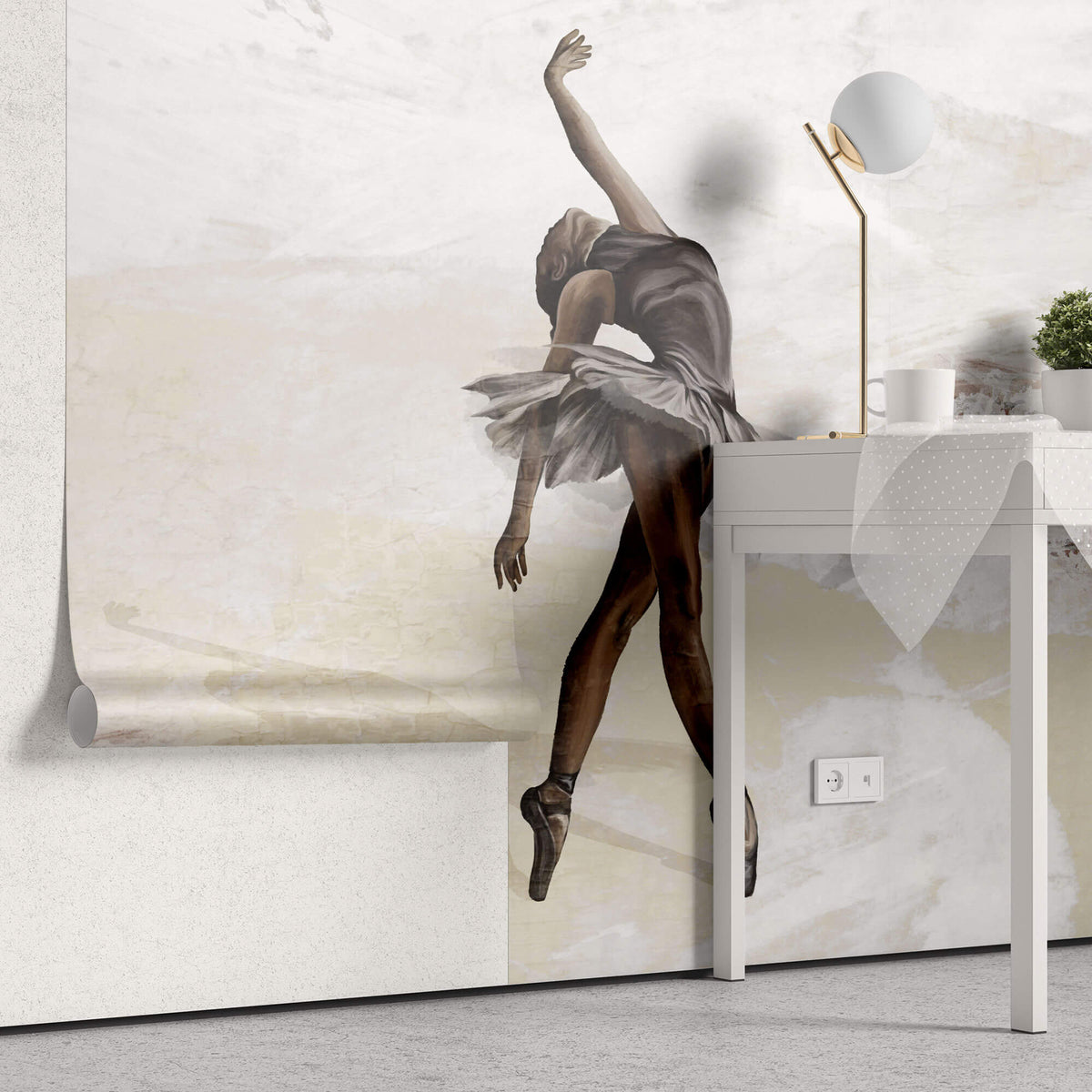 Tapet Personalizat Fine Art cu balerina pe un fundal bej cu caramida rosie - CREAM BALLERINA