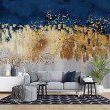 Tapet Personalizat Fine Art cu insertii aurii pe fundal alb texturat si albastru watercolor - TAINTED CANVAS