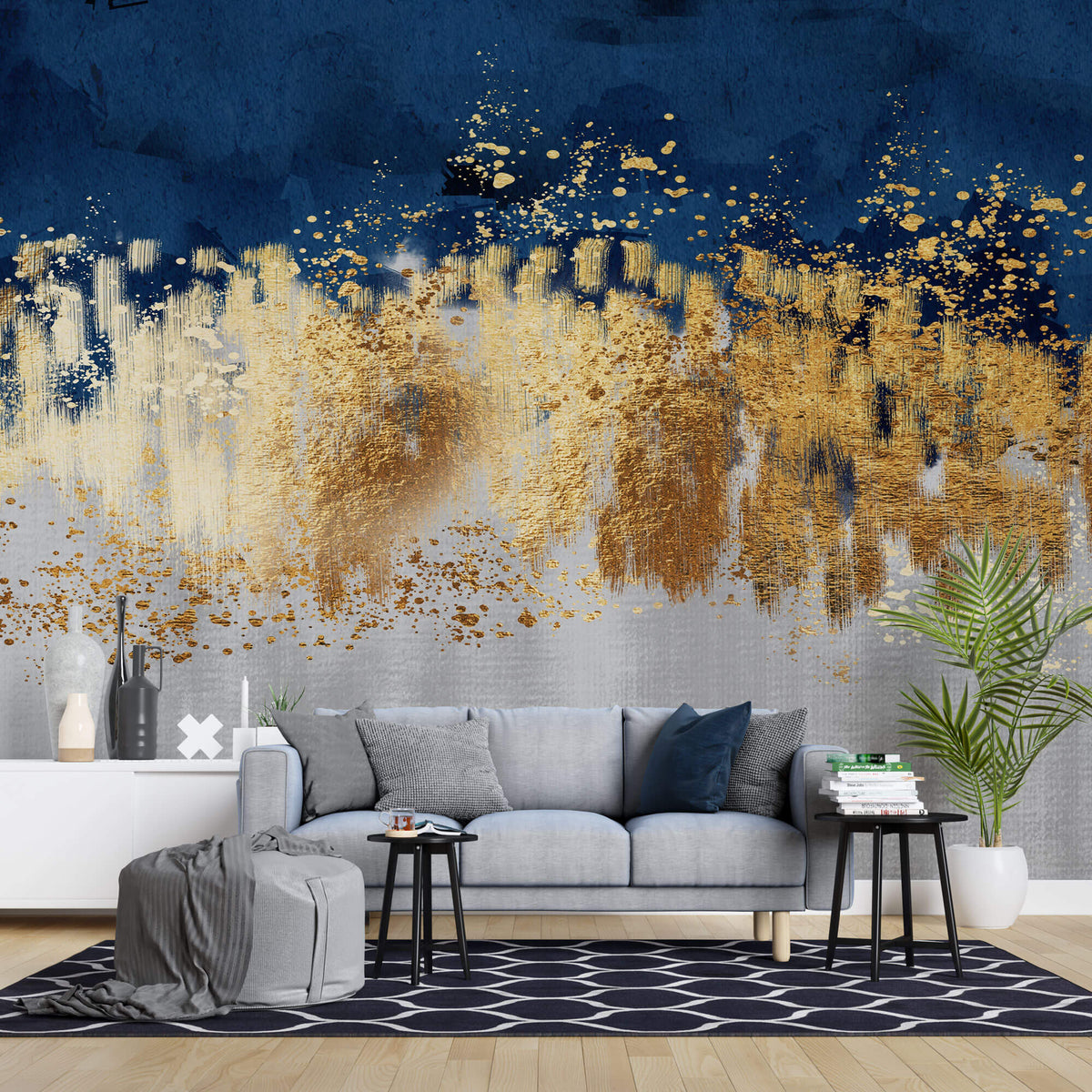 Tapet Personalizat Fine Art cu insertii aurii pe fundal alb texturat si albastru watercolor - TAINTED CANVAS