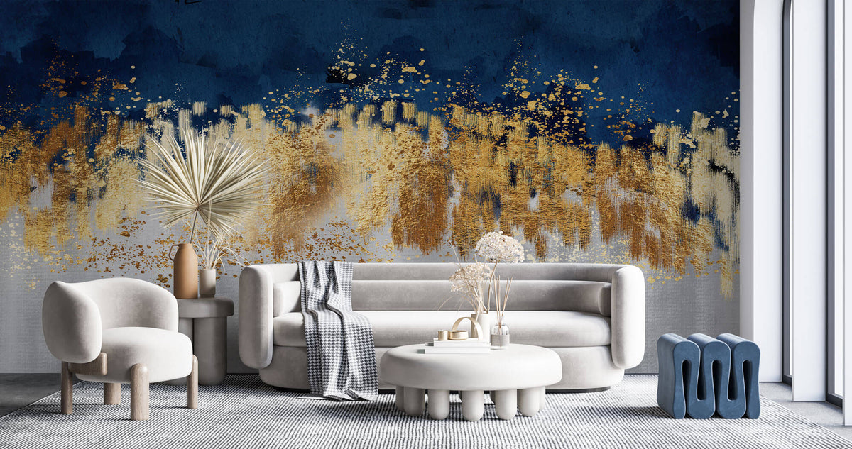Tapet Personalizat Fine Art cu insertii aurii pe fundal alb texturat si albastru watercolor - TAINTED CANVAS