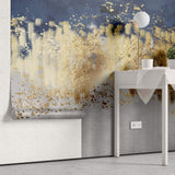 Tapet Personalizat Fine Art cu insertii aurii pe fundal alb texturat si albastru watercolor - TAINTED CANVAS