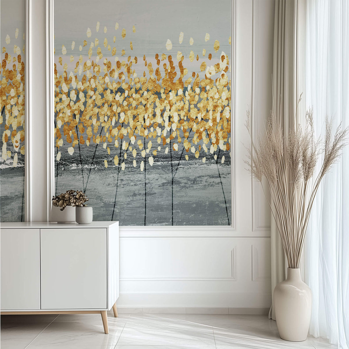 Tapet Personalizat Fine Art cu copaci abstracti cu frunze aurii - GOLDEN PLASTER LEAVES