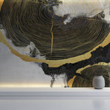 Tapet Personalizat Fine Art cu sectiuni de rondele de lemn aurii si fundal pictat cu acril - GOLDEN WOOD SECTIONS