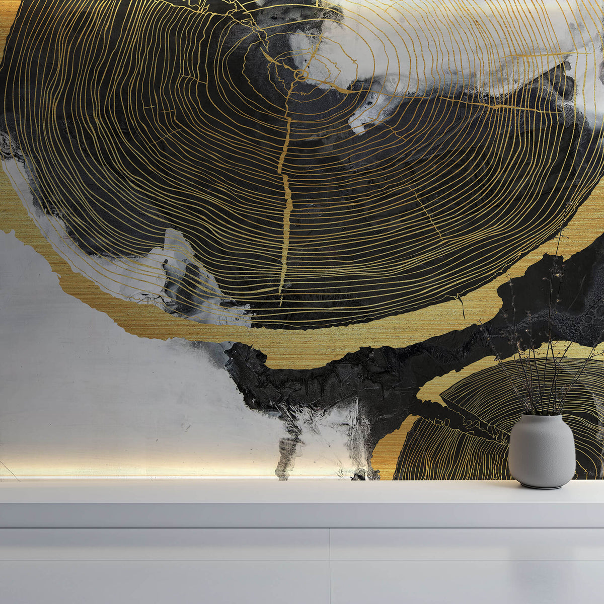 Tapet Personalizat Fine Art cu sectiuni de rondele de lemn aurii si fundal pictat cu acril - GOLDEN WOOD SECTIONS