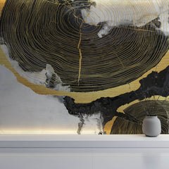 Tapet Personalizat Fine Art cu sectiuni de rondele de lemn aurii si fundal pictat cu acril - GOLDEN WOOD SECTIONS