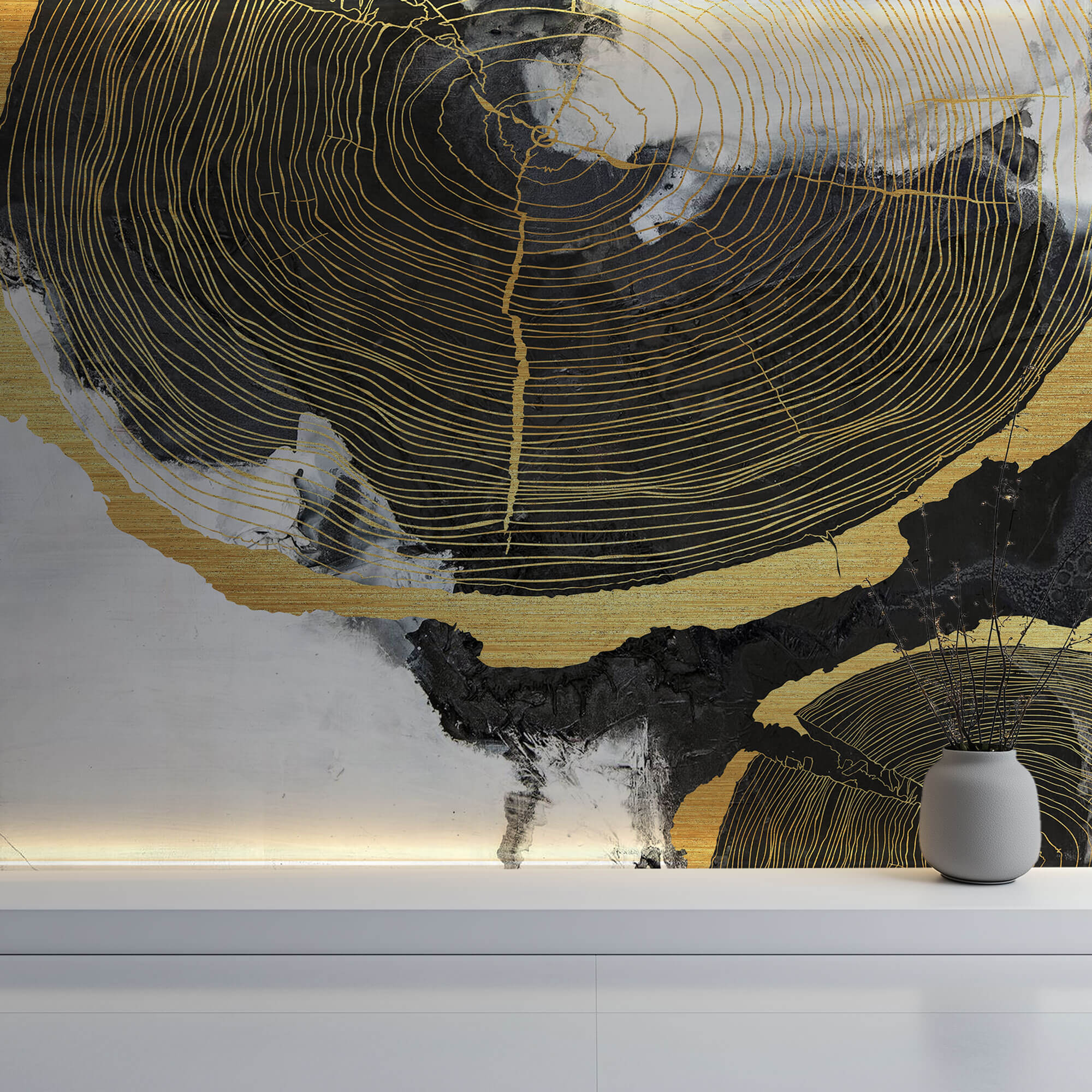 Tapet Personalizat Fine Art cu sectiuni de rondele de lemn aurii si fundal pictat cu acril - GOLDEN WOOD SECTIONS