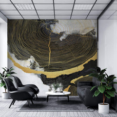 Tapet Personalizat Fine Art cu sectiuni de rondele de lemn aurii si fundal pictat cu acril - GOLDEN WOOD SECTIONS