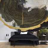 Tapet Personalizat Fine Art cu sectiuni de rondele de lemn aurii si fundal pictat cu acril - GOLDEN WOOD SECTIONS