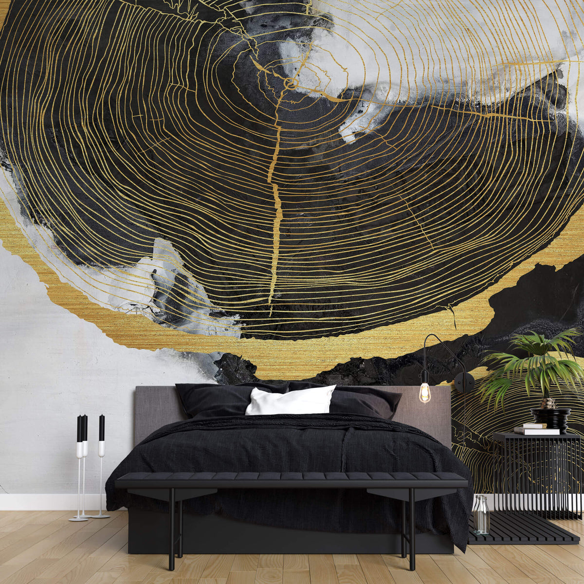 Tapet Personalizat Fine Art cu sectiuni de rondele de lemn aurii si fundal pictat cu acril - GOLDEN WOOD SECTIONS
