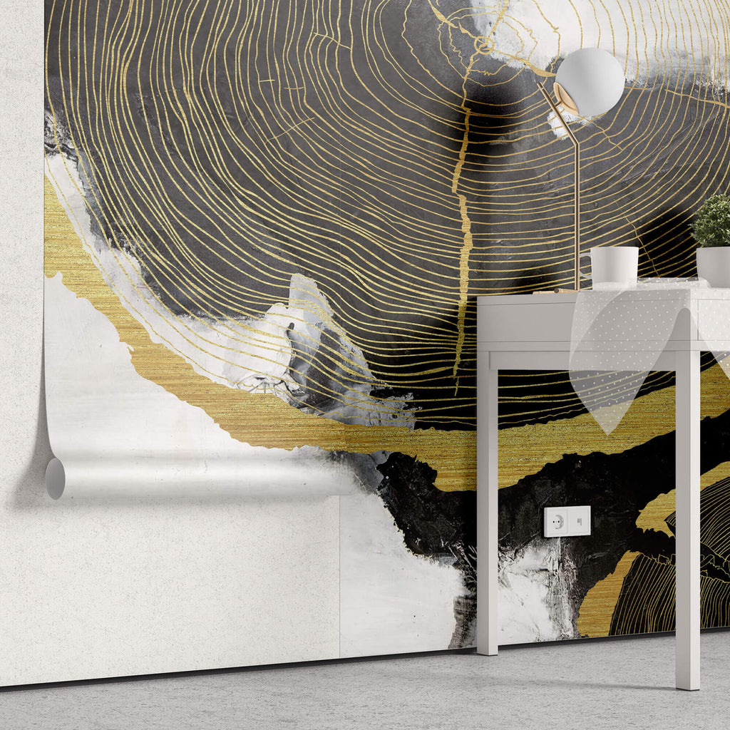 Tapet Personalizat Fine Art cu sectiuni de rondele de lemn aurii si fundal pictat cu acril - GOLDEN WOOD SECTIONS