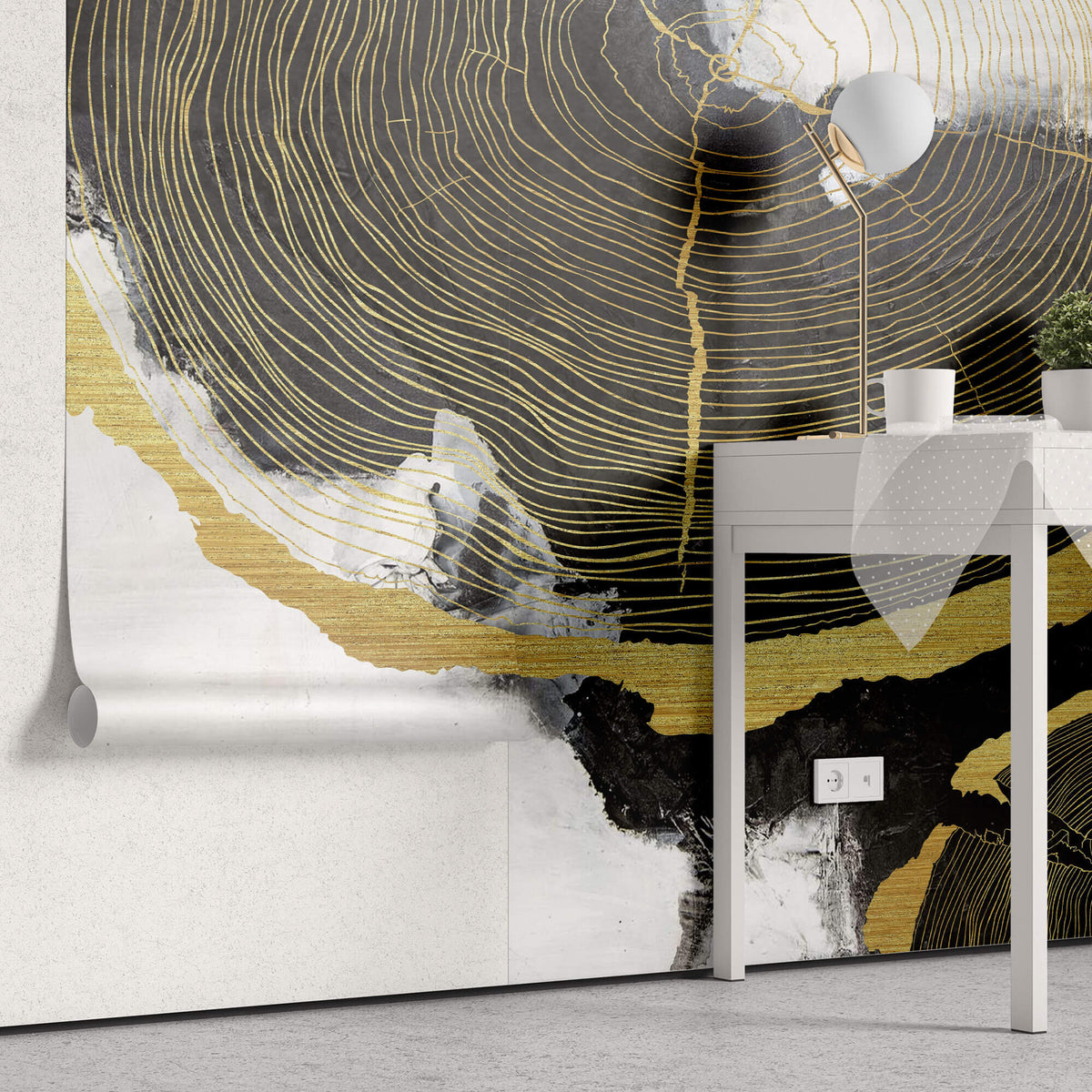 Tapet Personalizat Fine Art cu sectiuni de rondele de lemn aurii si fundal pictat cu acril - GOLDEN WOOD SECTIONS