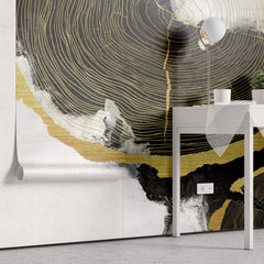 Tapet Personalizat Fine Art cu sectiuni de rondele de lemn aurii si fundal pictat cu acril - GOLDEN WOOD SECTIONS