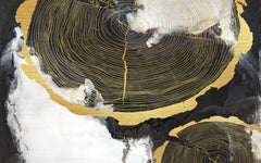 Tapet Personalizat Fine Art cu sectiuni de rondele de lemn aurii si fundal pictat cu acril - GOLDEN WOOD SECTIONS