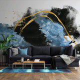 Tapet Personalizat Fine Art cu pictura artistica de accent in nuante de albastru negru si auriu 1 - TEXTURED SPLASH UP