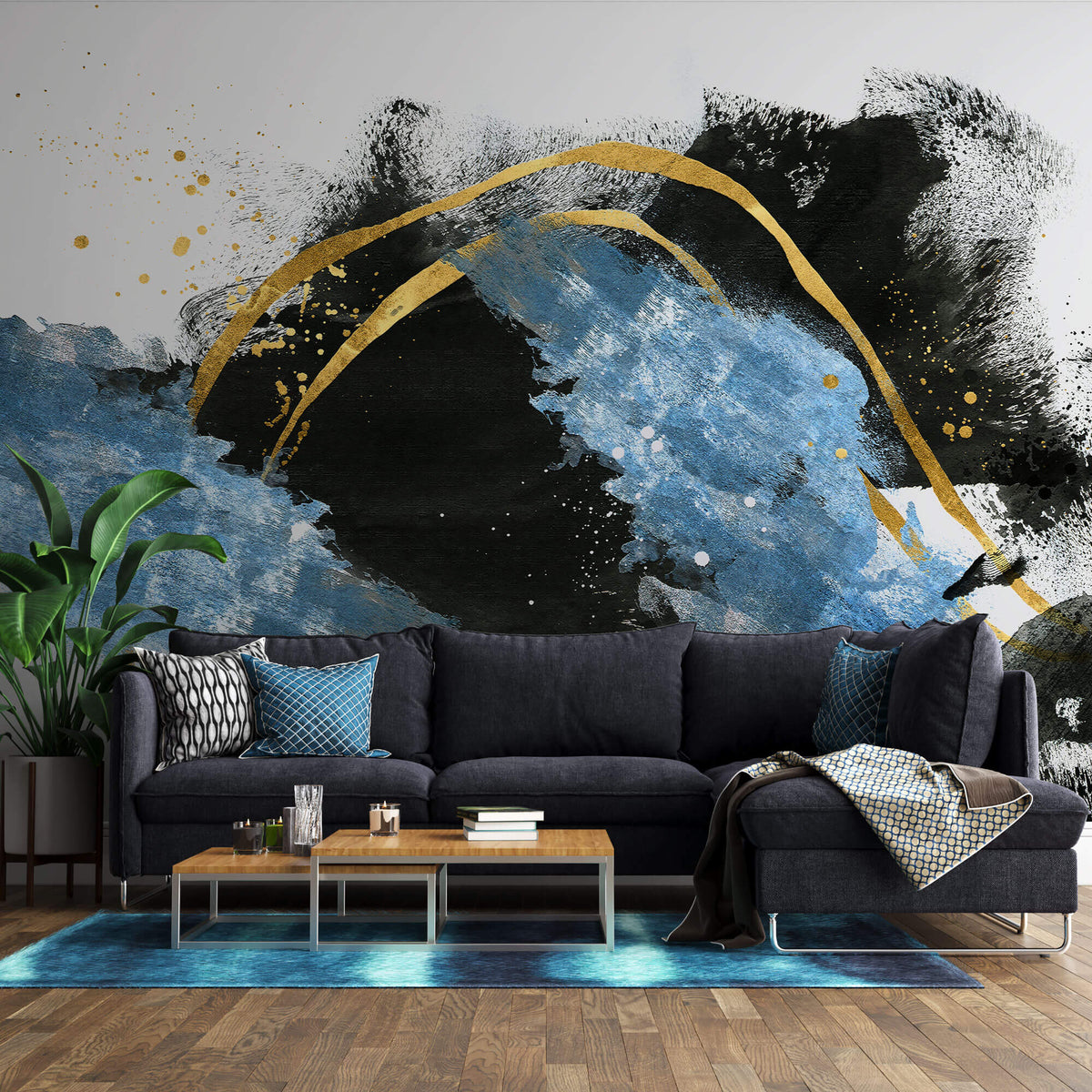Tapet Personalizat Fine Art cu pictura artistica de accent in nuante de albastru negru si auriu 1 - TEXTURED SPLASH UP