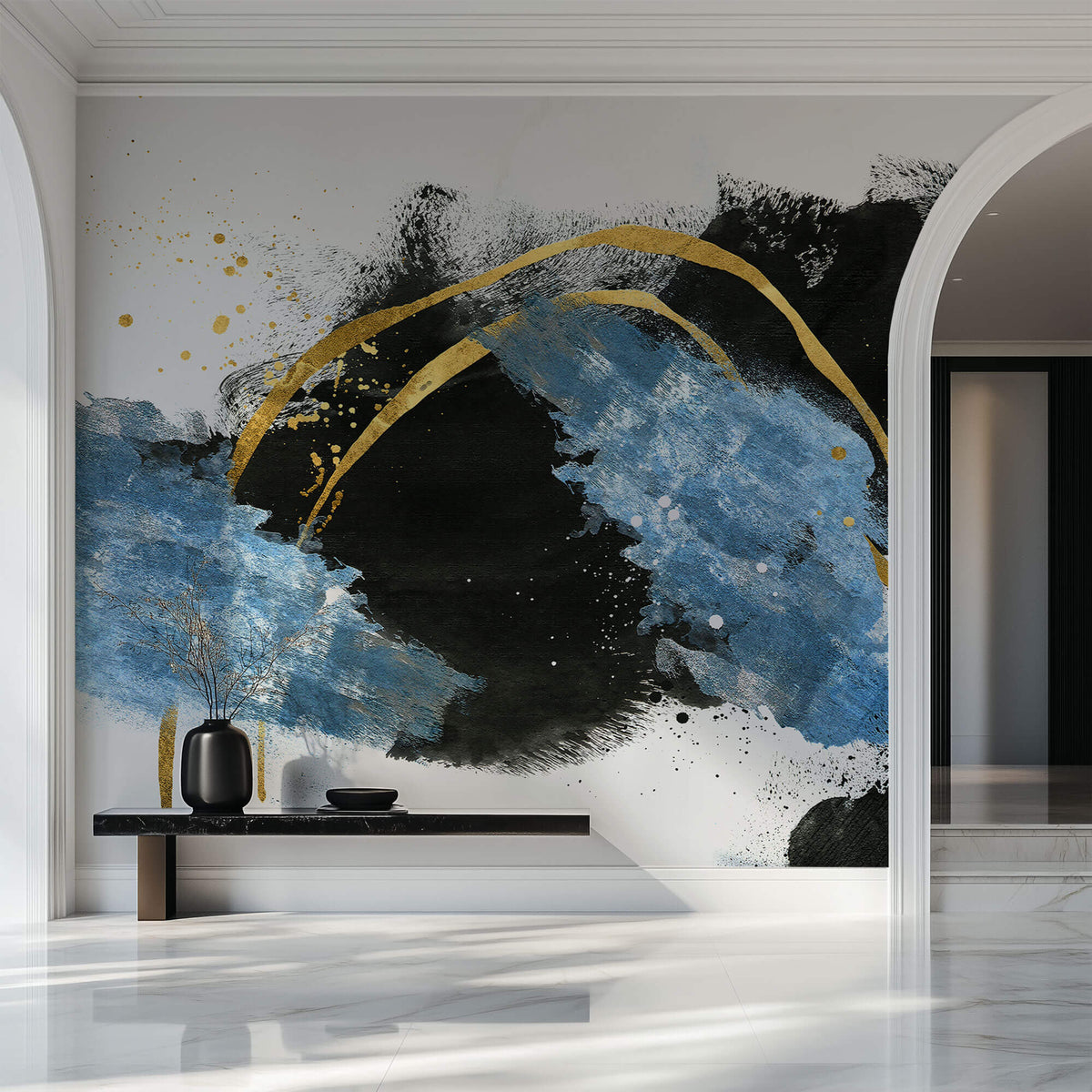 Tapet Personalizat Fine Art cu pictura artistica de accent in nuante de albastru negru si auriu 1 - TEXTURED SPLASH UP