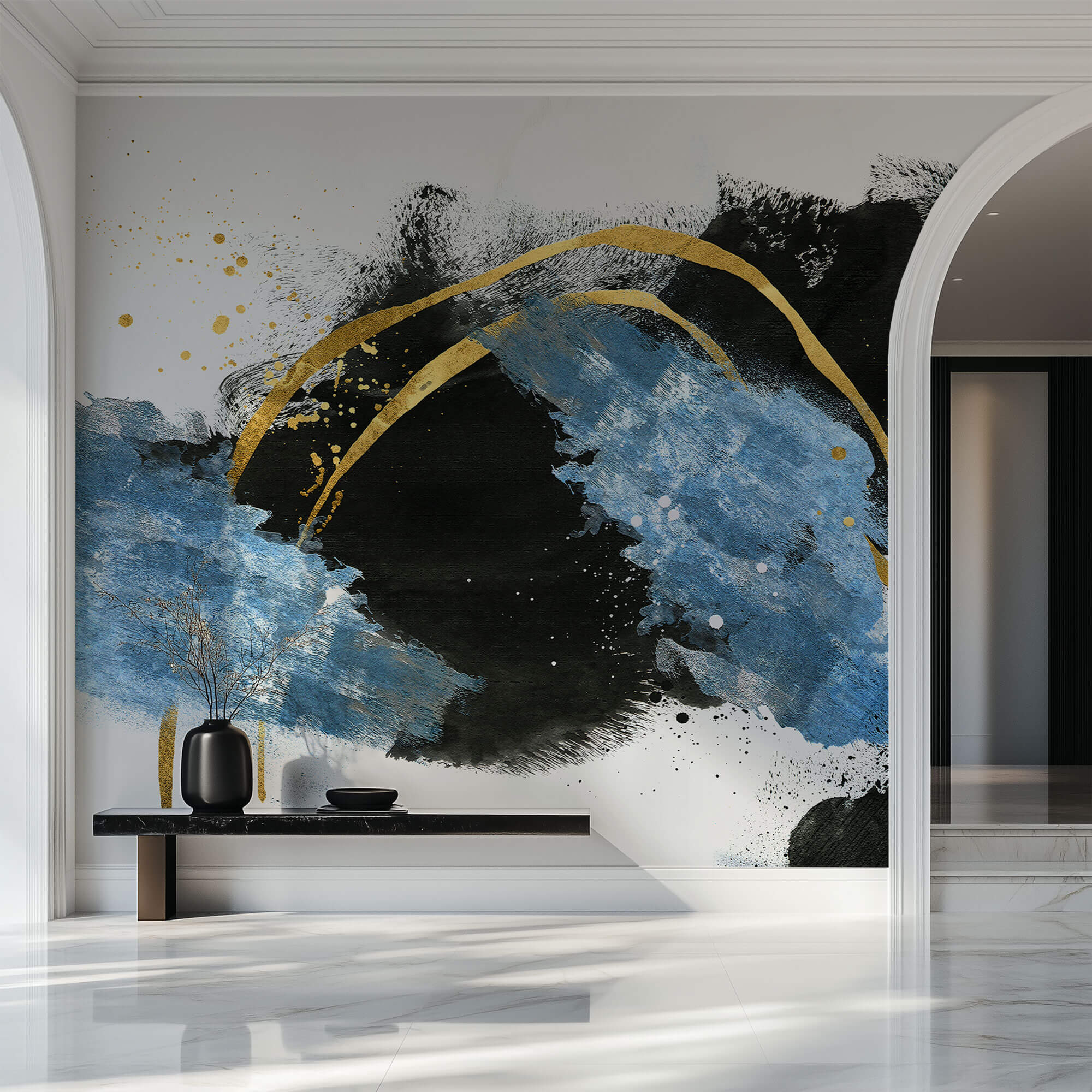 Tapet Personalizat Fine Art cu pictura artistica de accent in nuante de albastru negru si auriu 1 - TEXTURED SPLASH UP