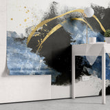 Tapet Personalizat Fine Art cu pictura artistica de accent in nuante de albastru negru si auriu 1 - TEXTURED SPLASH UP
