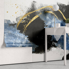 Tapet Personalizat Fine Art cu pictura artistica de accent in nuante de albastru negru si auriu 1 - TEXTURED SPLASH UP