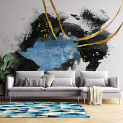 Tapet Personalizat Fine Art cu pictura artistica de accent in nuante de albastru negru si auriu 2 - TEXTURED SPLASH DOWN